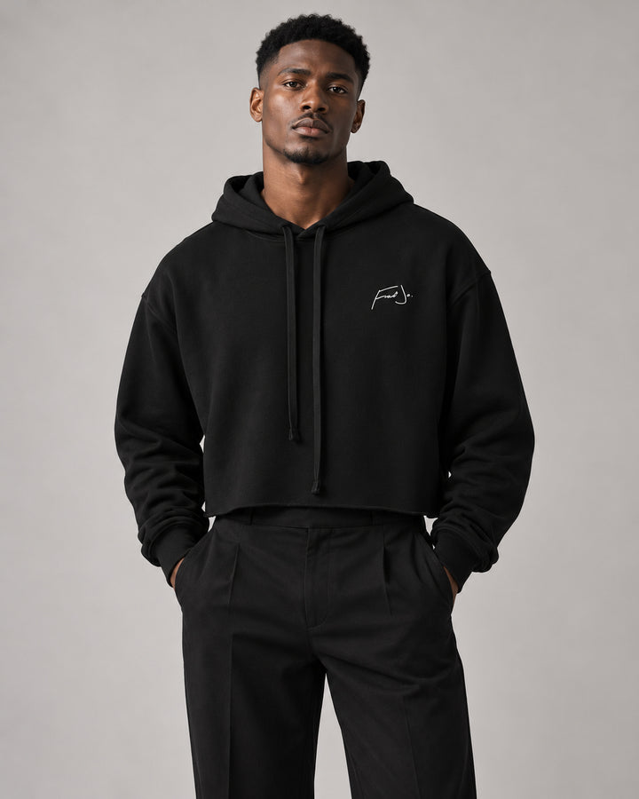 FredJo Crop Hoodie noir porté, homme — streetwear Paris