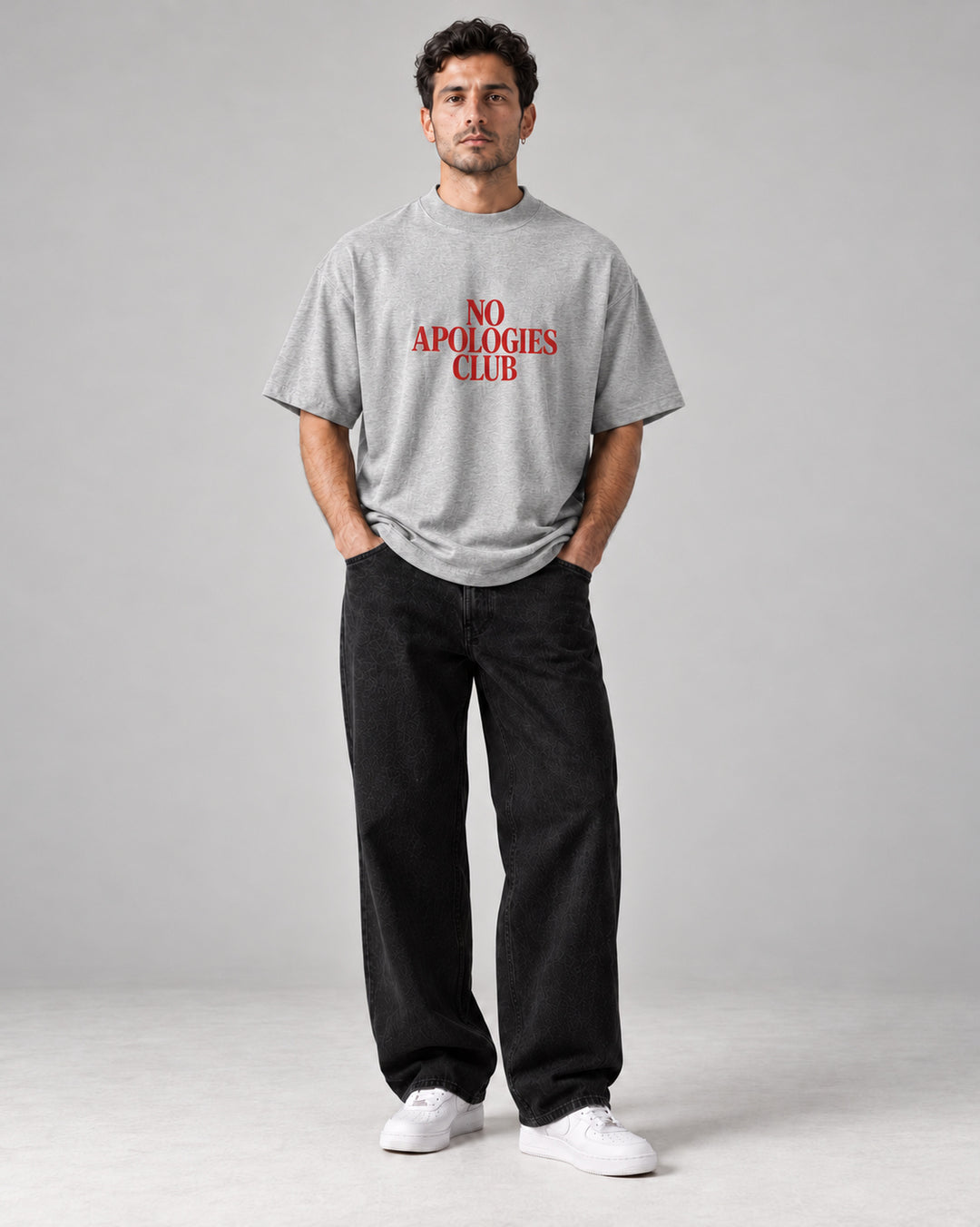 No Apologies Oversized Tee Heather Grey porté, homme — FredJo Paris