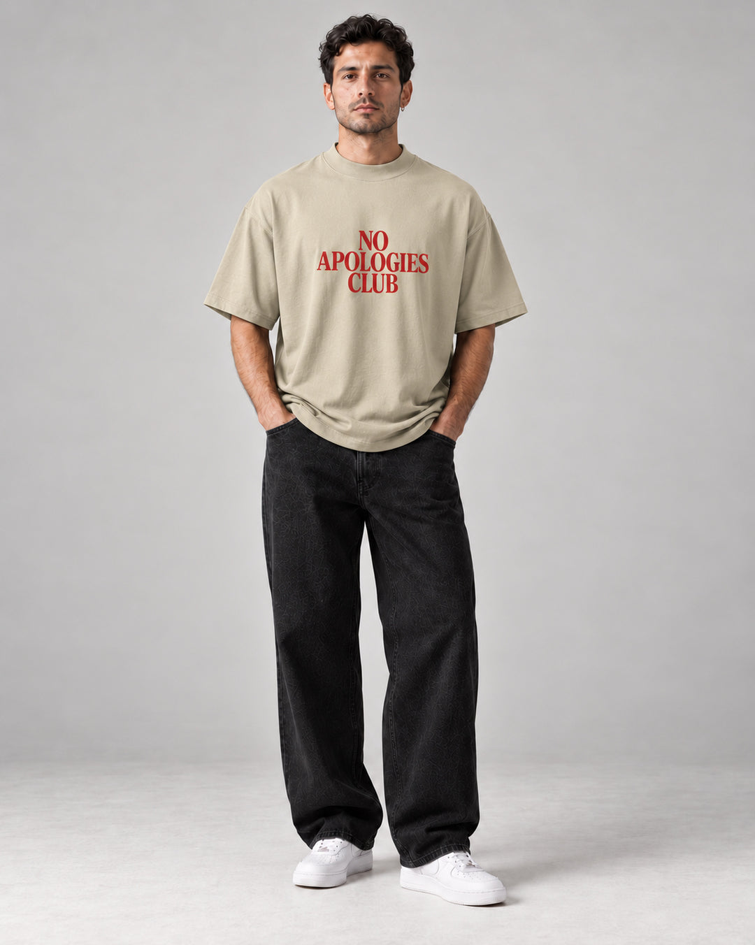 No Apologies Oversized Tee Stone porté, homme — FredJo Paris