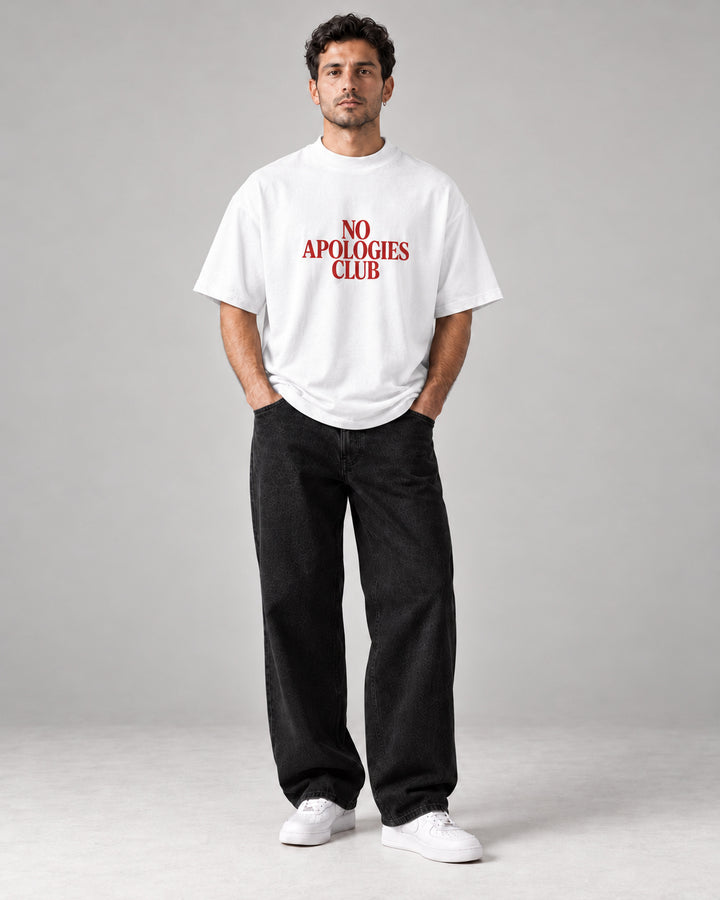 No Apologies Oversized Tee blanc porté, homme — FredJo Paris