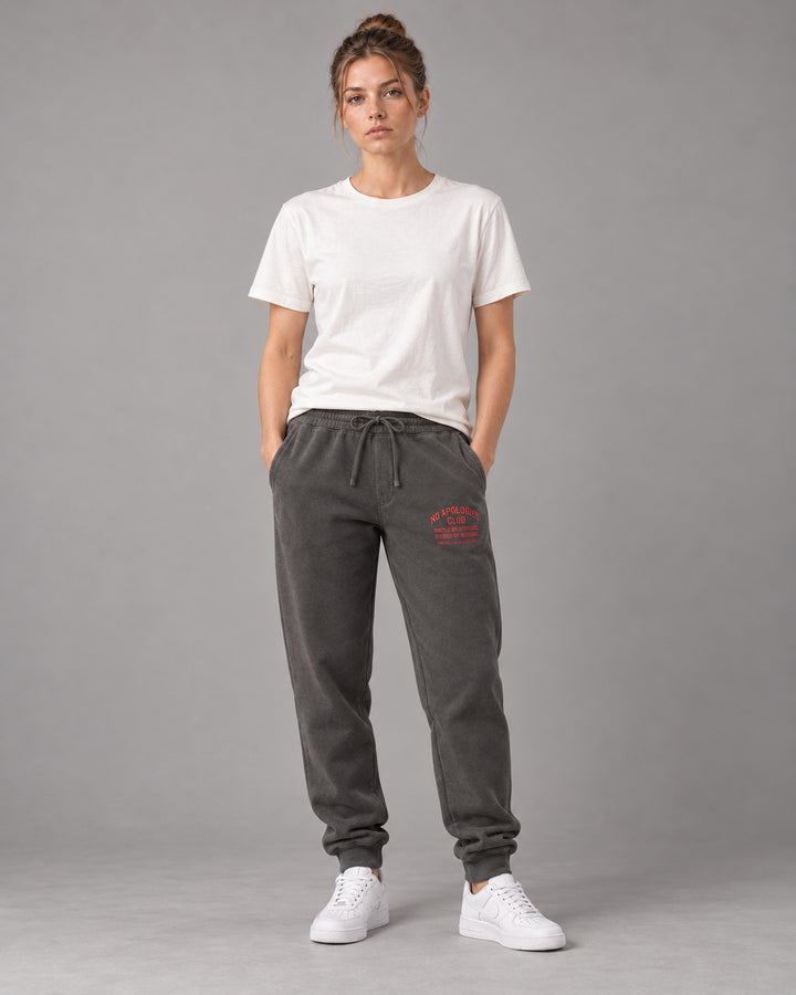 No Apologies pigment-dyed sweatpants in black, worn by a woman