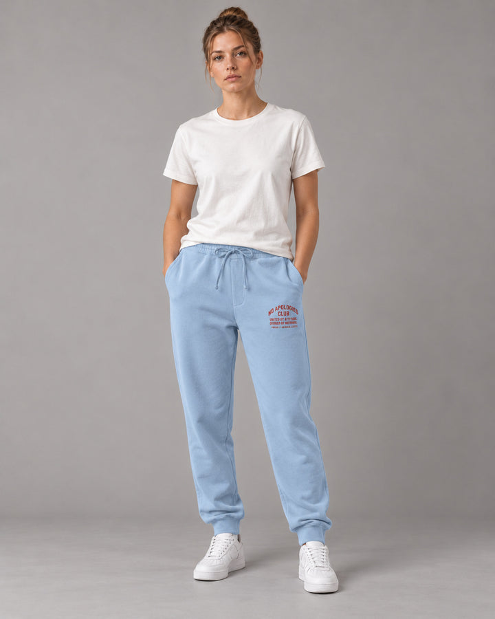 No Apologies pigment-dyed sweatpants in light blue, worn by a woman