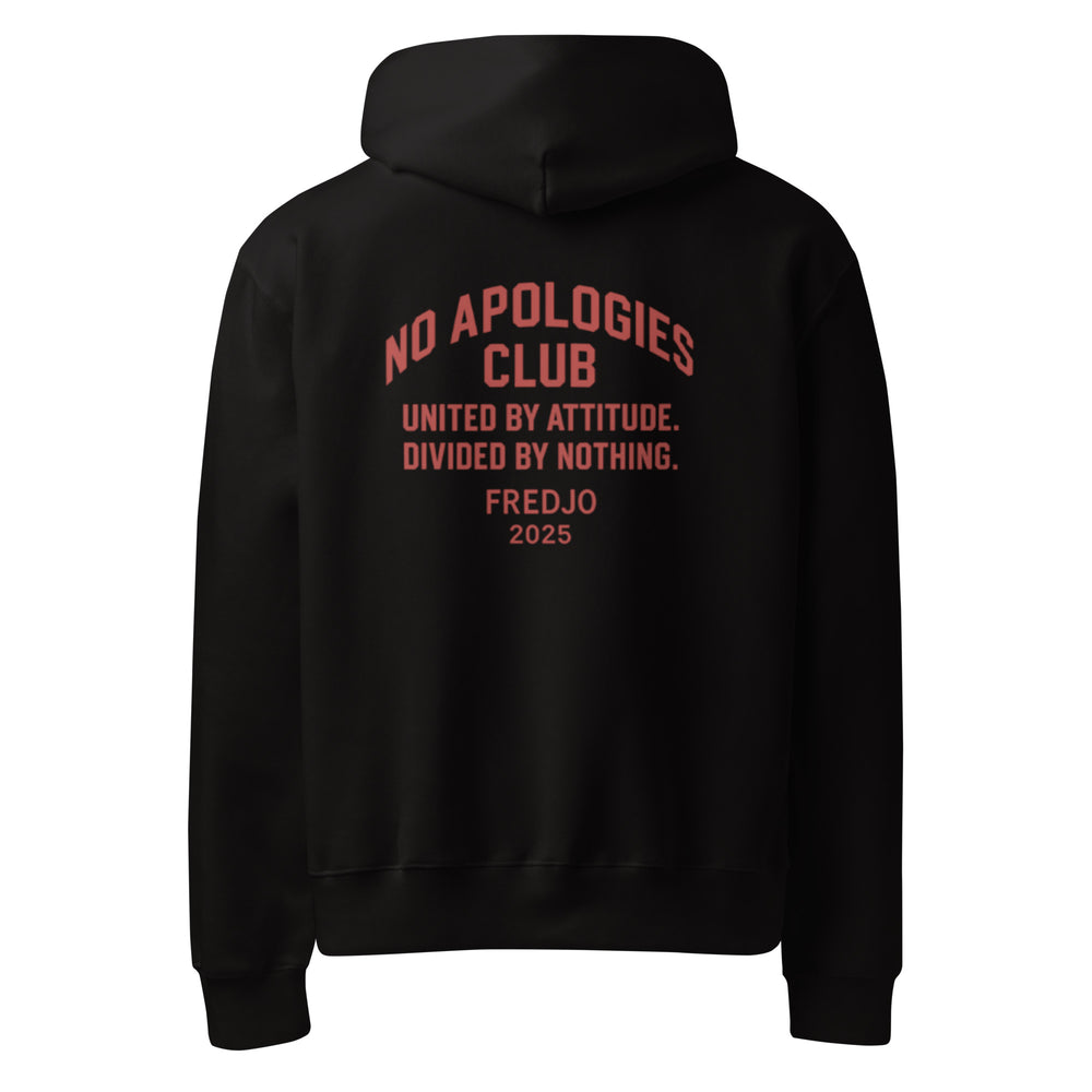 No Apologies Club oversized heavyweight hoodie front view FredJo
