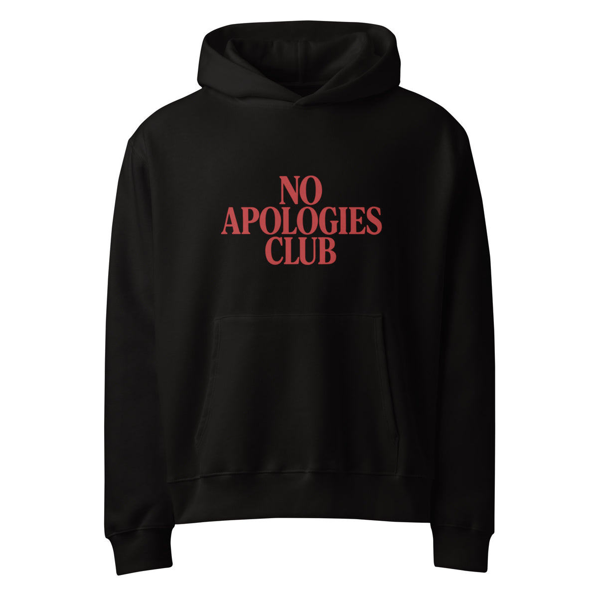 FredJo® No Apologies Club oversized heavyweight hoodie — black with red logo, premium Airlume cotton fleece, Paris Edition unisex streetwear