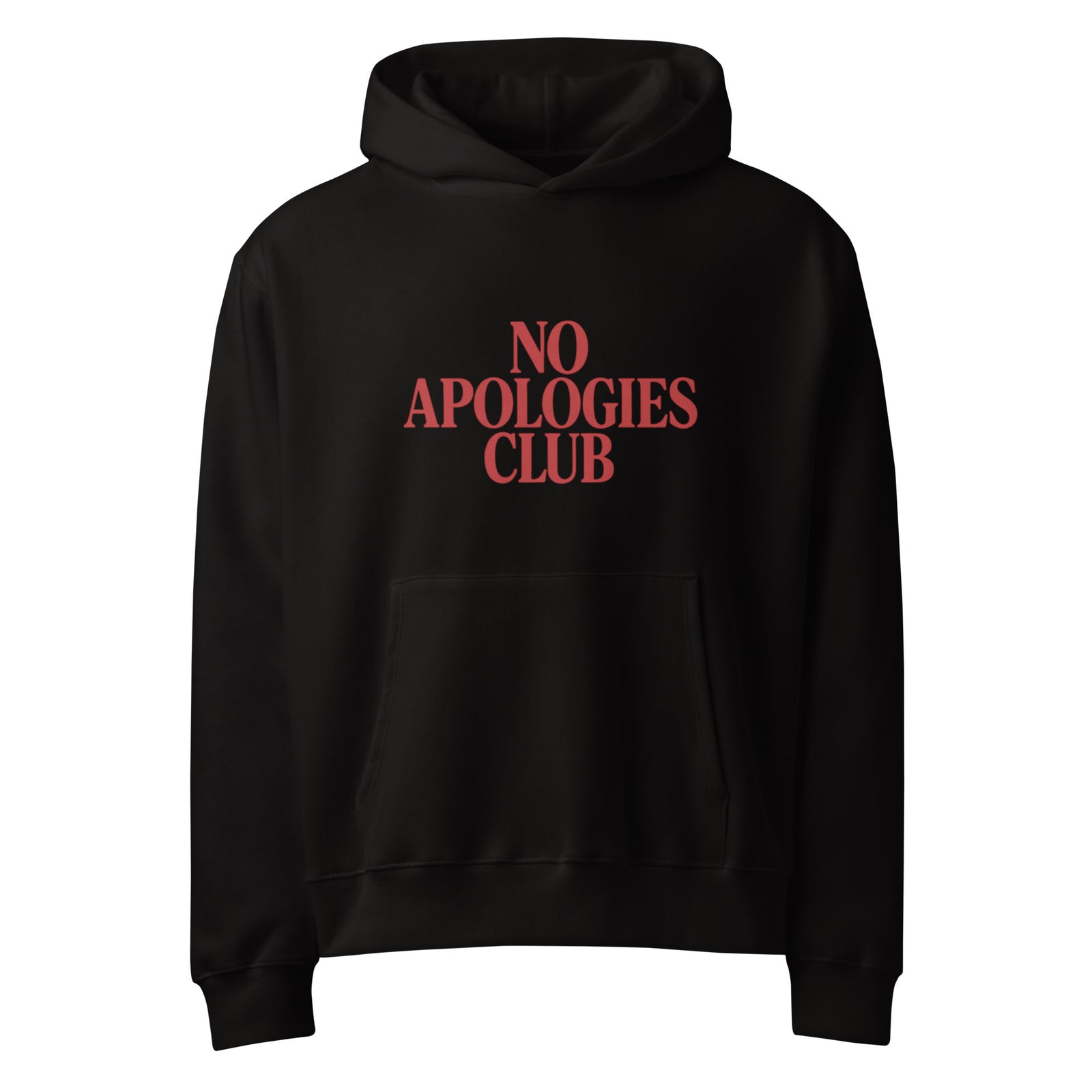 FredJo® No Apologies Club oversized heavyweight hoodie — black with red logo, premium Airlume cotton fleece, Paris Edition unisex streetwear